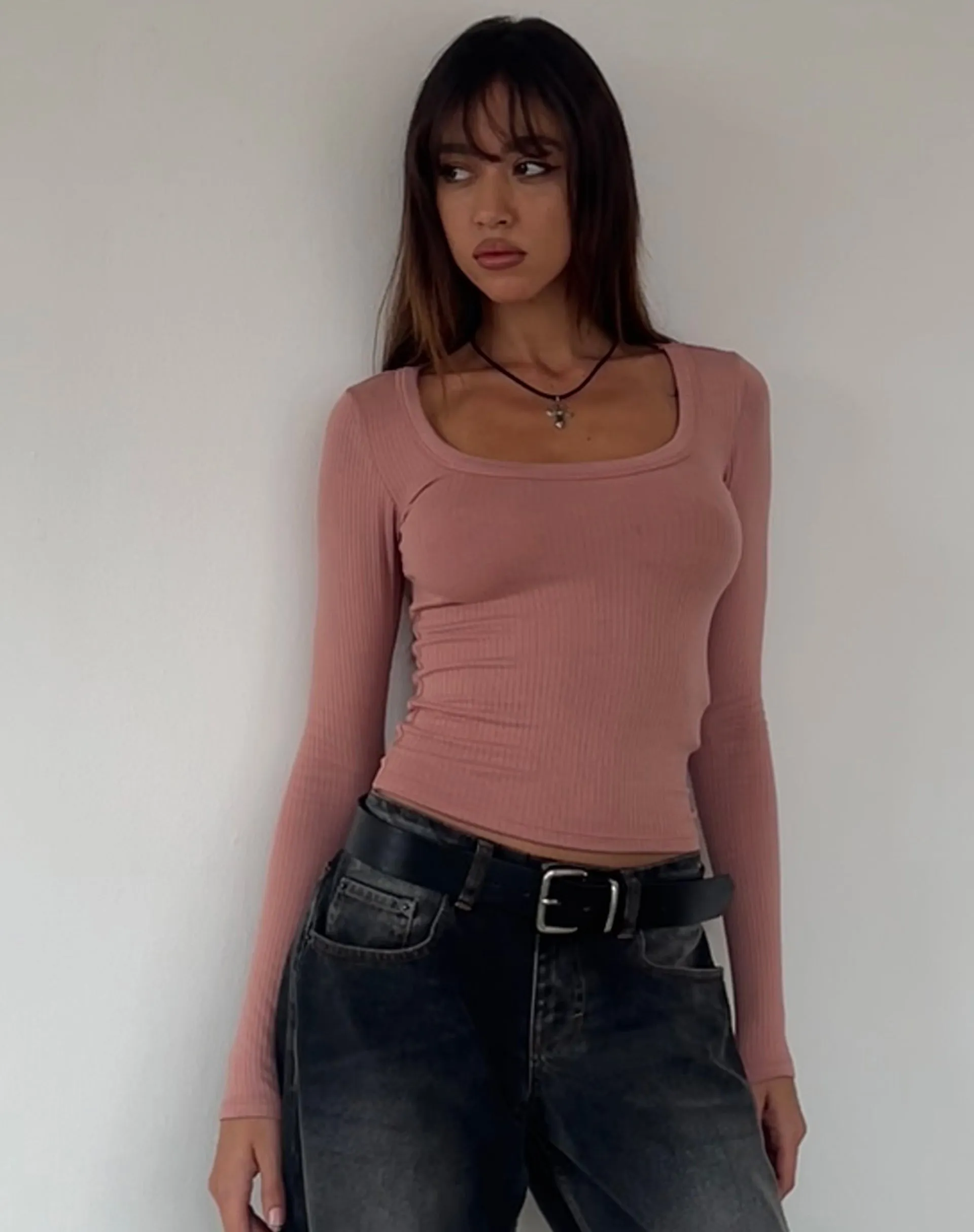 Binlo Extra Long Sleeve Top in Dusty Pink Rib