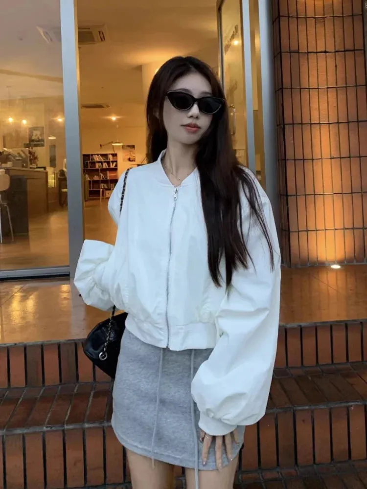 Black Friday Joskaa Casual Bomber Jacket Women Oversized Streetwear Zip Up Cropped Coat Korean Style Autumn Fashion Long Sleeve Clothes Chic