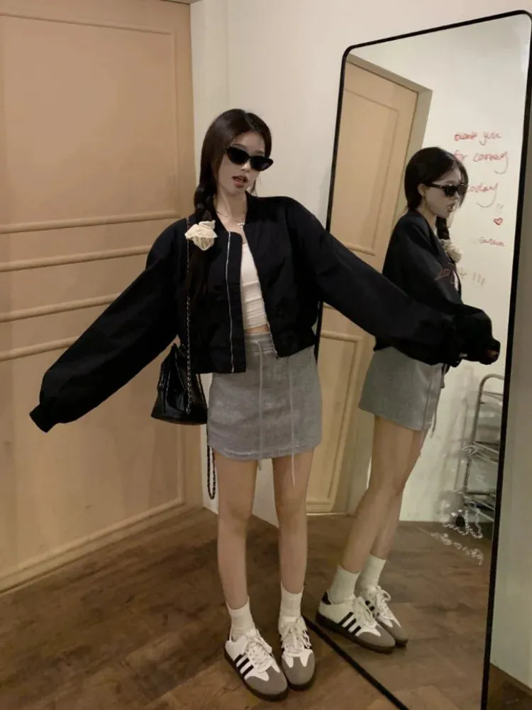Black Friday Joskaa Casual Bomber Jacket Women Oversized Streetwear Zip Up Cropped Coat Korean Style Autumn Fashion Long Sleeve Clothes Chic