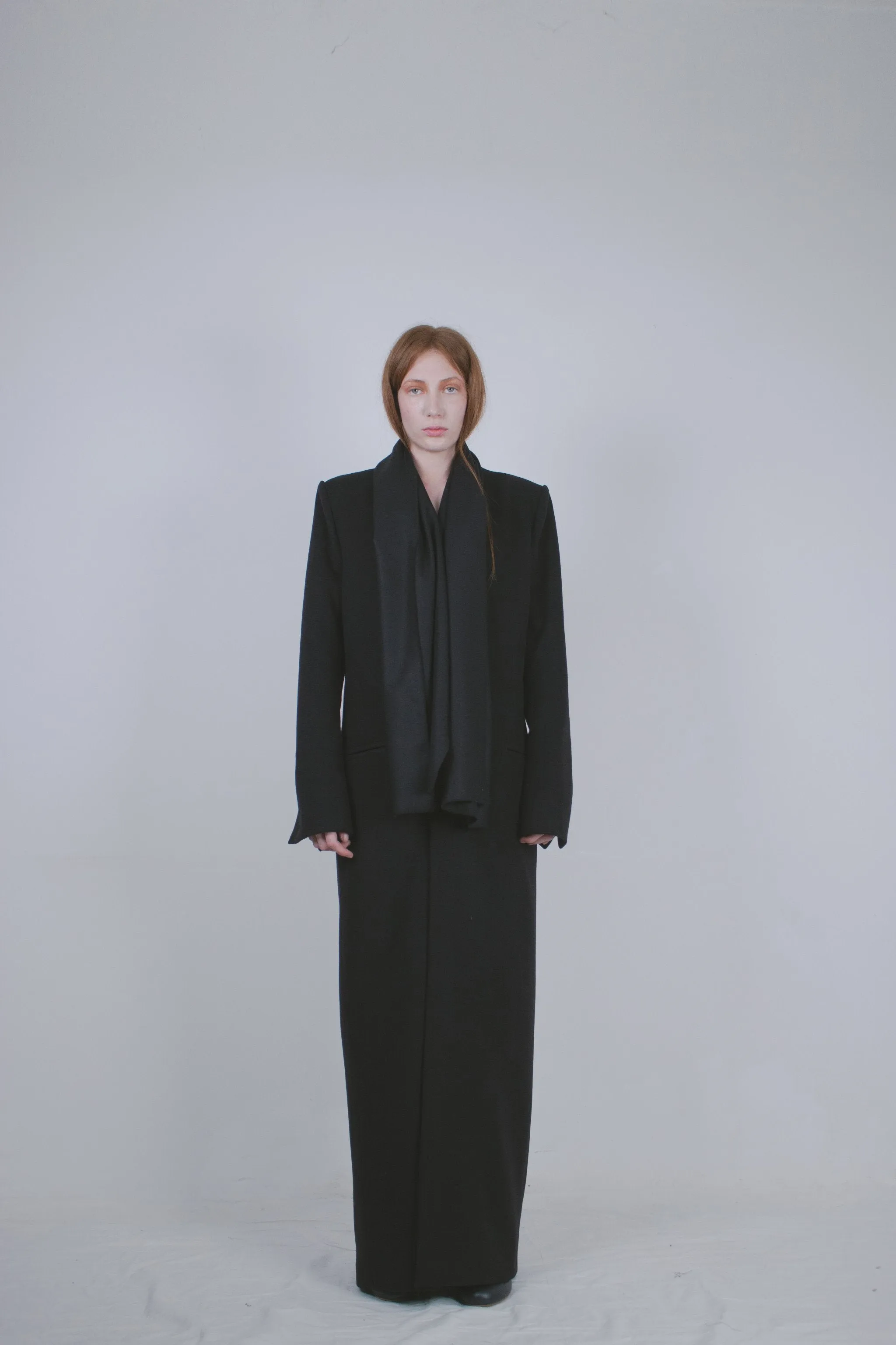Black Wool Tailored Coat with Scarf