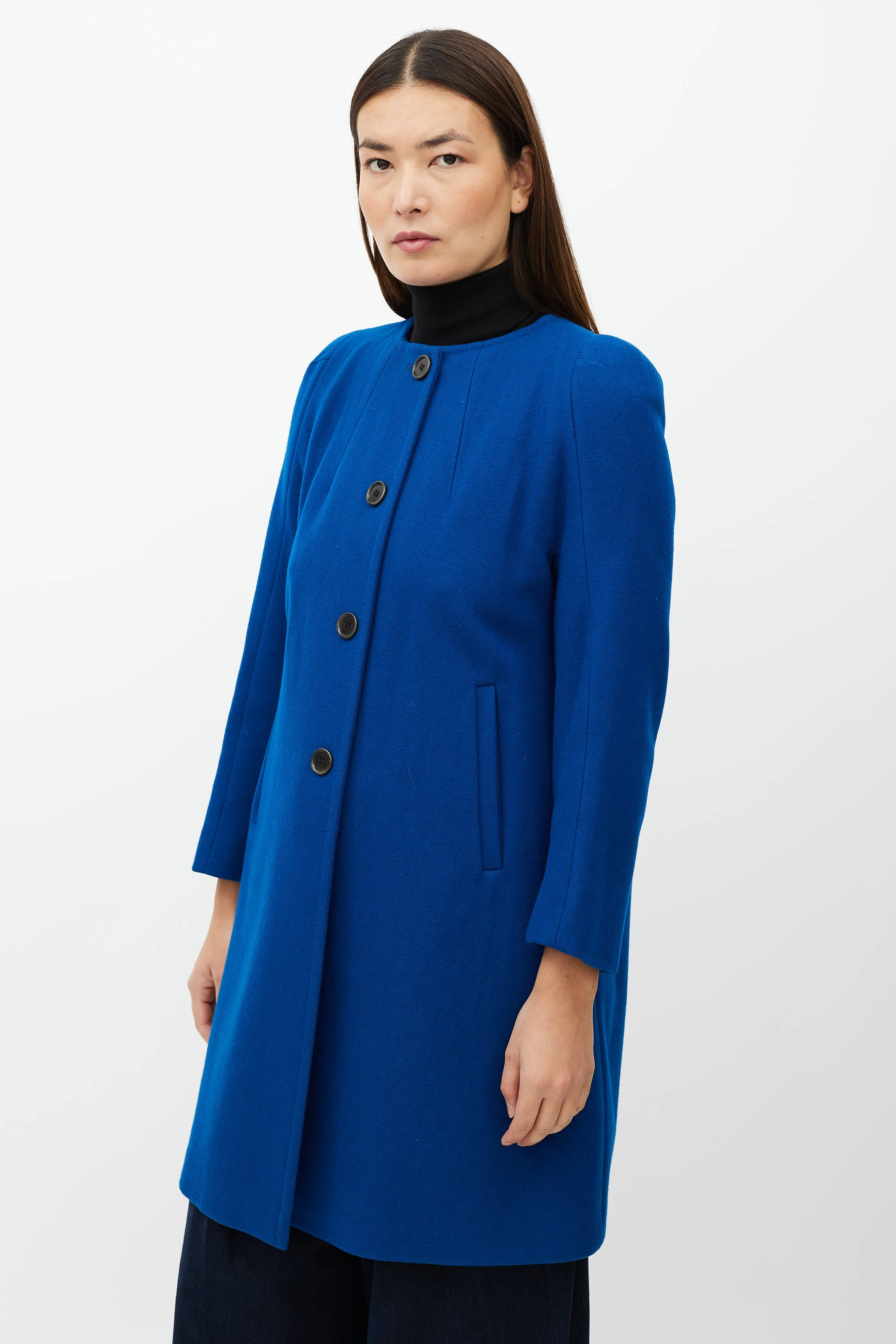 Blue Collarless Wool Blend Coat