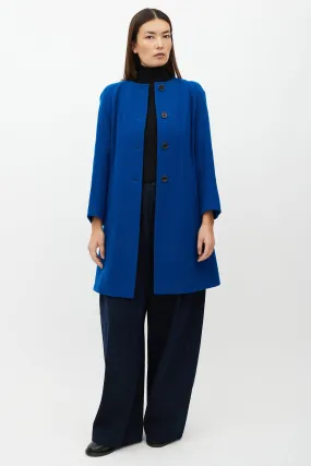 Blue Collarless Wool Blend Coat