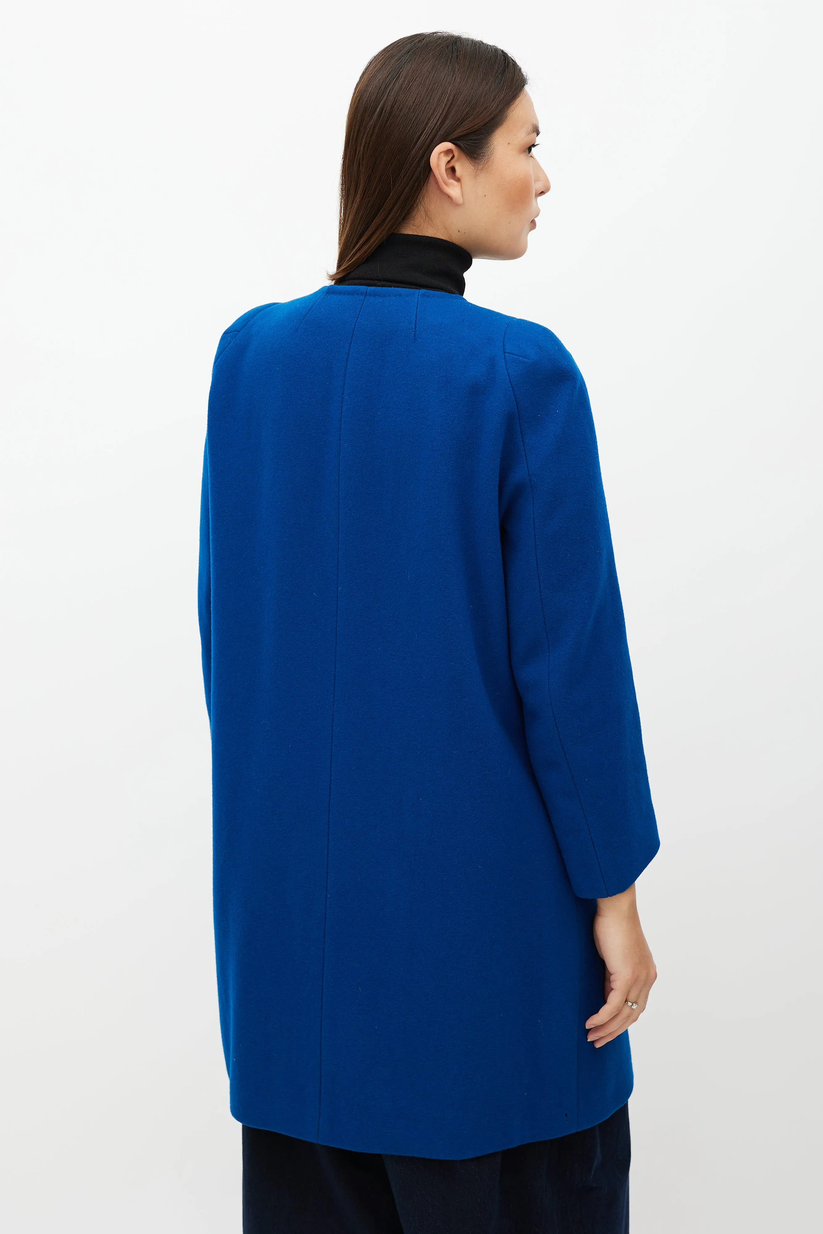 Blue Collarless Wool Blend Coat