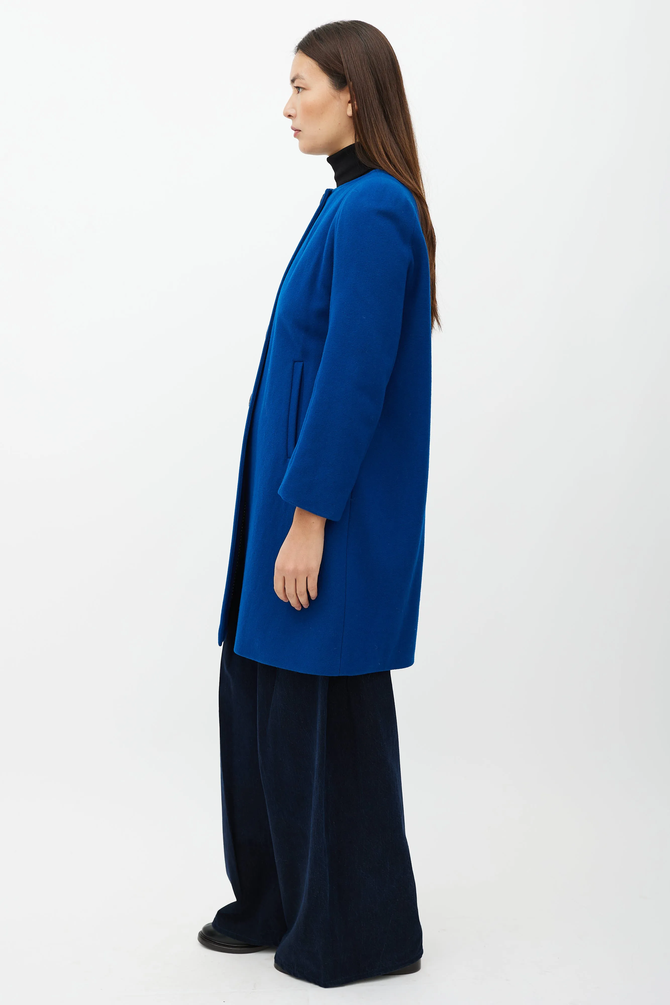 Blue Collarless Wool Blend Coat