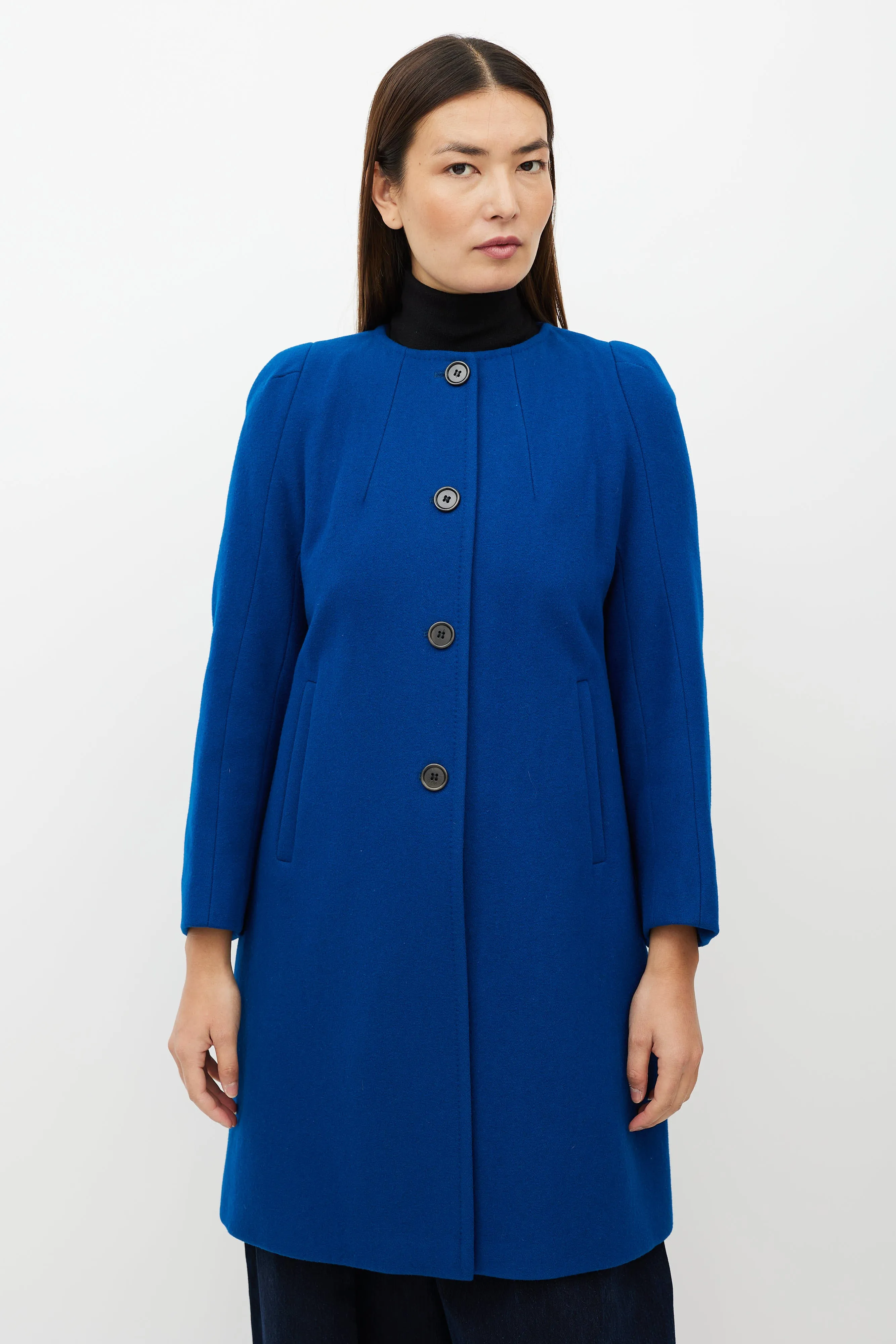 Blue Collarless Wool Blend Coat