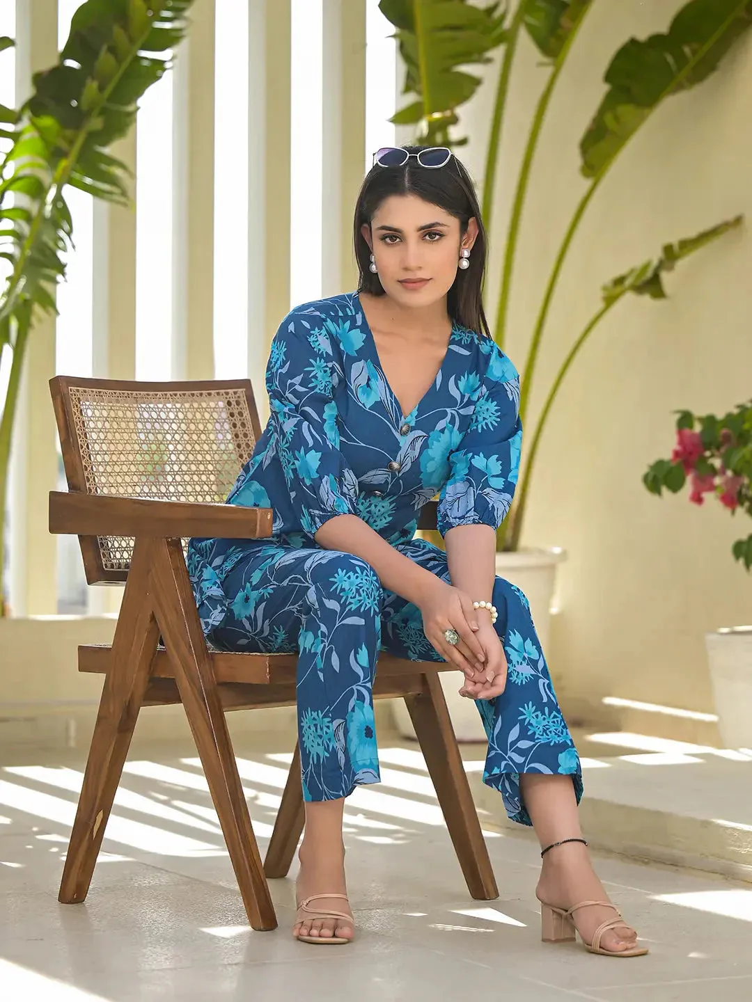 Blue Cotton Ethnic Motifs Print Co-Ord Set