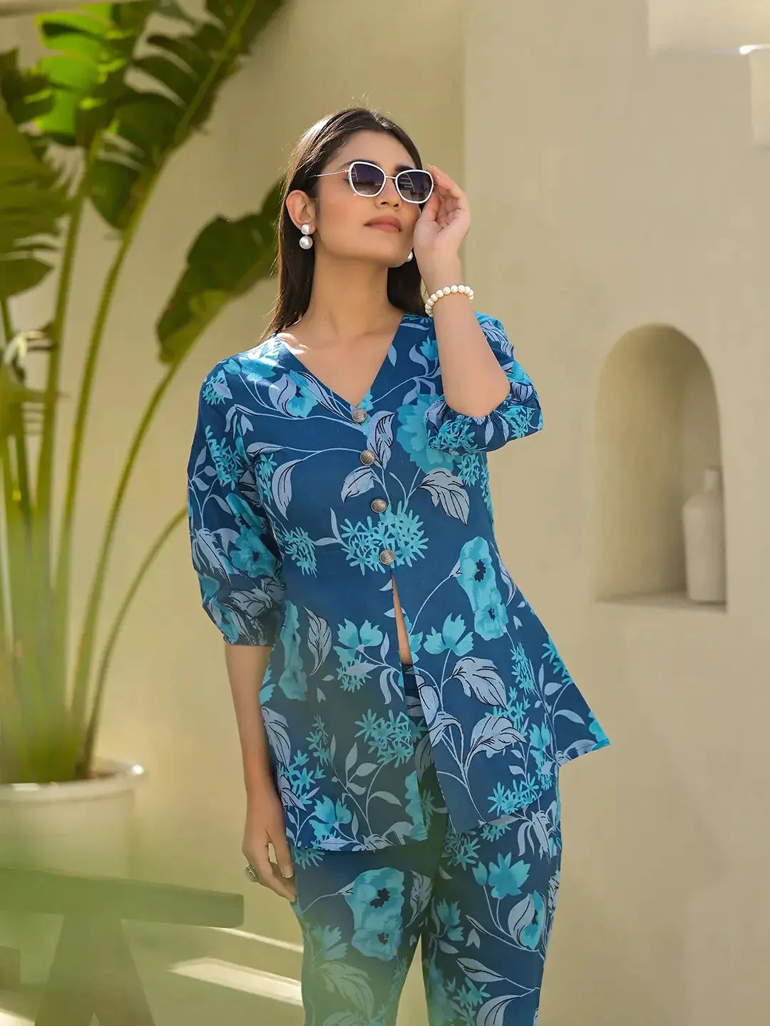 Blue Cotton Ethnic Motifs Print Co-Ord Set