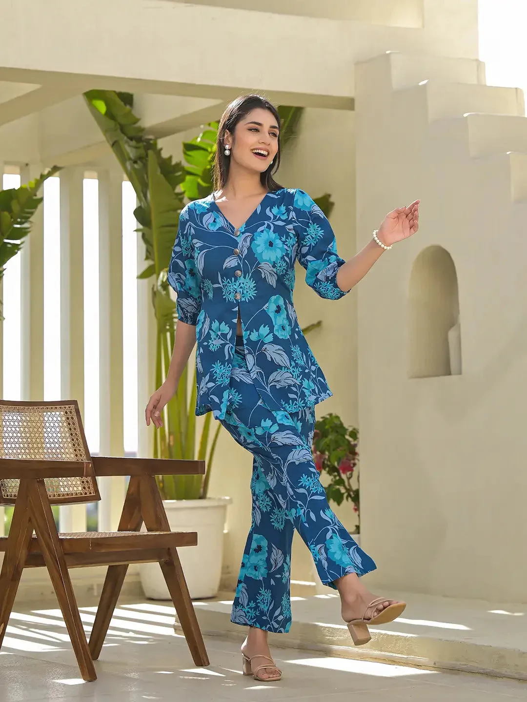 Blue Cotton Ethnic Motifs Print Co-Ord Set