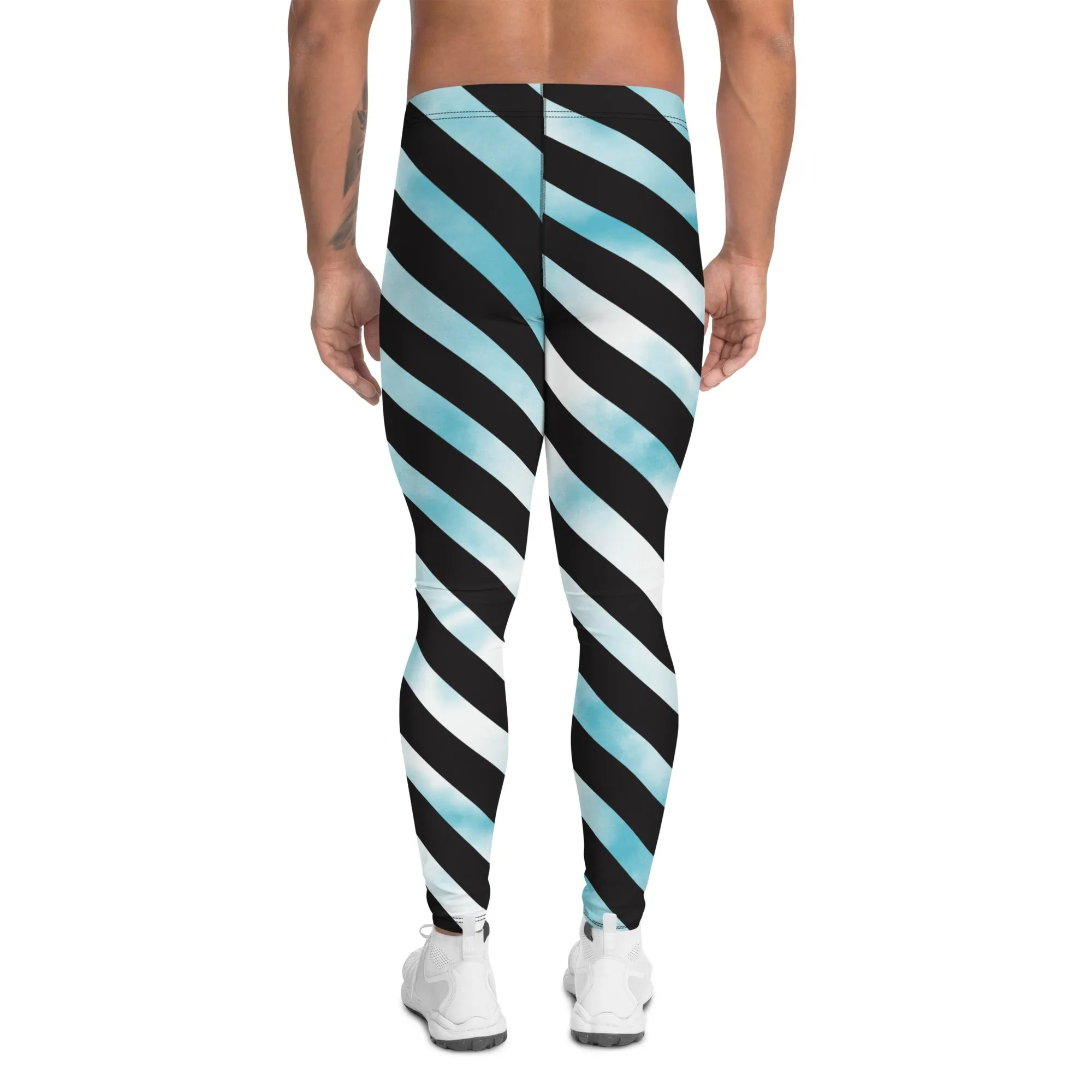 Blue Tie Dye Meggings, Designer Diagonal Striped Men's Leggings Compression Tights For Men - Made in USA/EU/MX