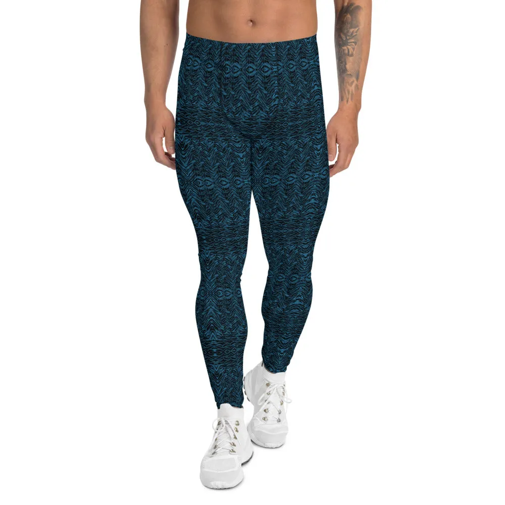 Blue Tiger Men's Leggings, Tiger Stripe Animal Print Meggings Compression Tights-Made in USA/EU