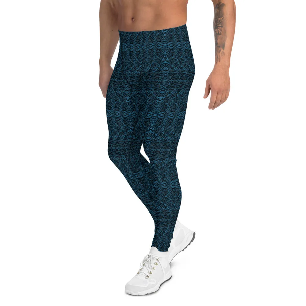 Blue Tiger Men's Leggings, Tiger Stripe Animal Print Meggings Compression Tights-Made in USA/EU