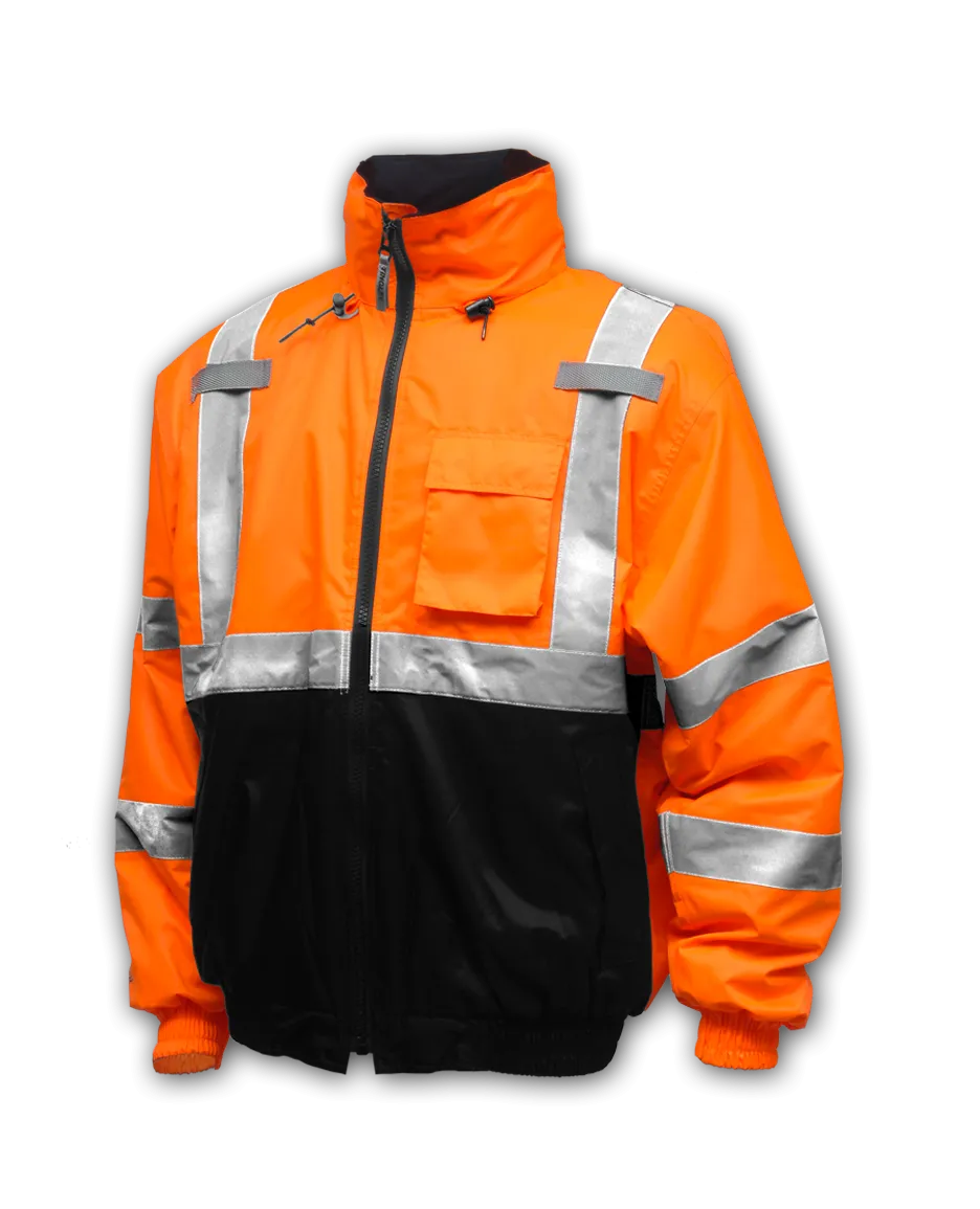 Bomber II™ Jacket - Type R Class 3 - Fluorescent Orange-Red-Black - Silver Reflective Tape - Polyester Quilted Liner - Attached Hood