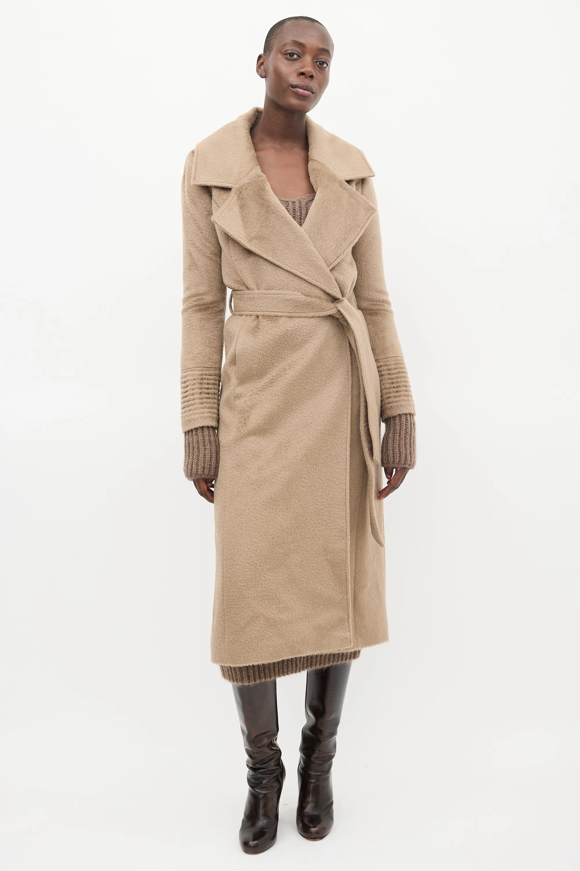 Brown Wool Wide Collar Wrap Coat