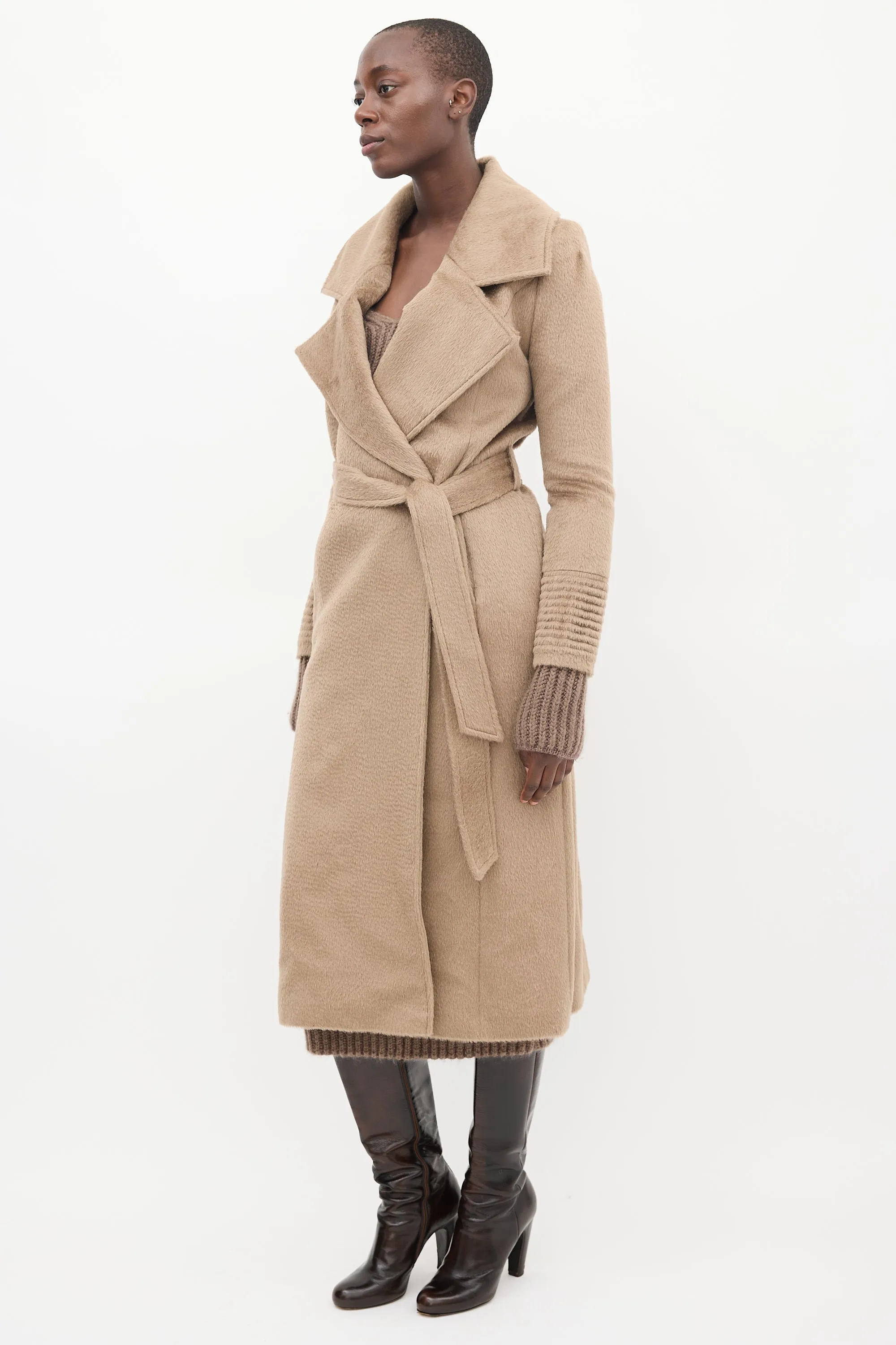 Brown Wool Wide Collar Wrap Coat