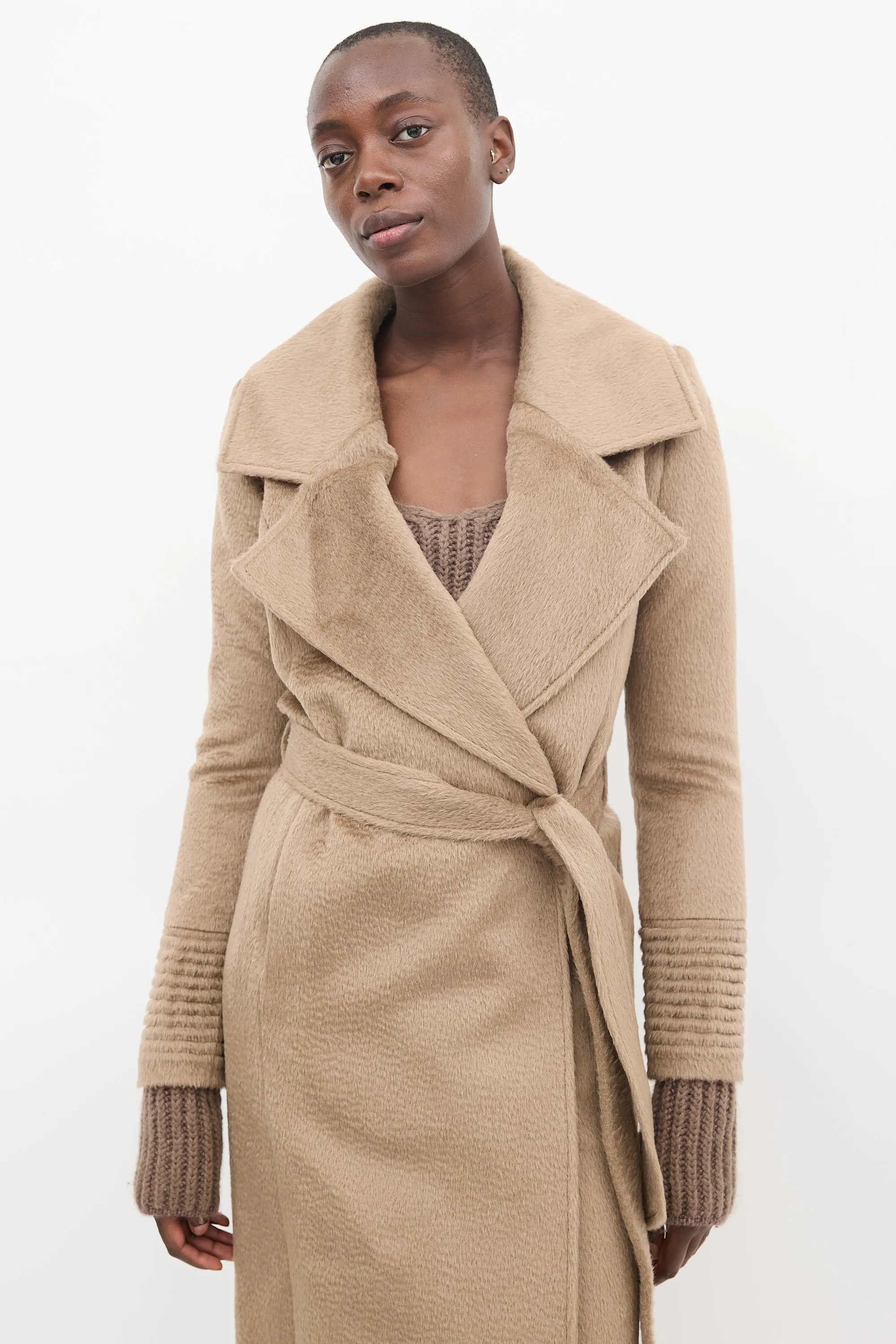 Brown Wool Wide Collar Wrap Coat