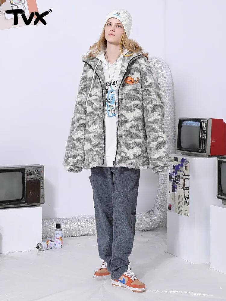 Camo TV embroidered stand-up collar zipper cashmere cotton-padded jacket
