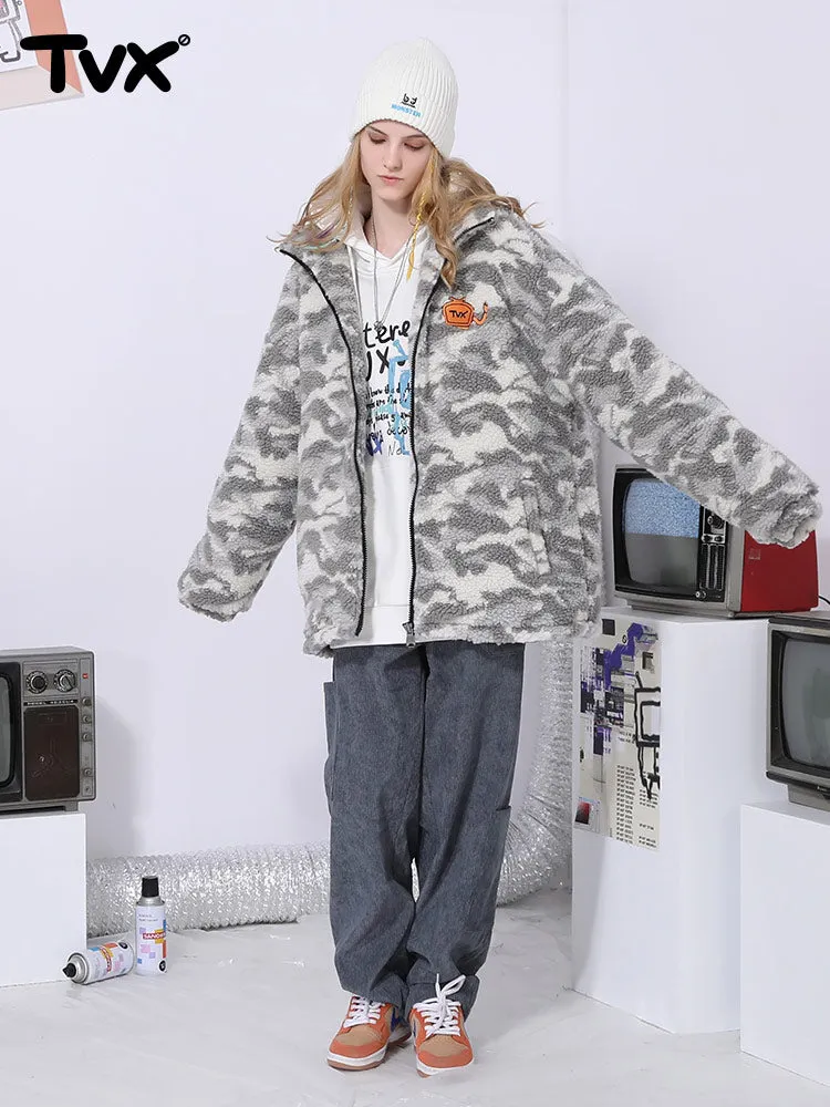 Camo TV embroidered stand-up collar zipper cashmere cotton-padded jacket