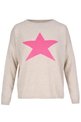 Cashmere Mix Sweater in Beige with Pink Star