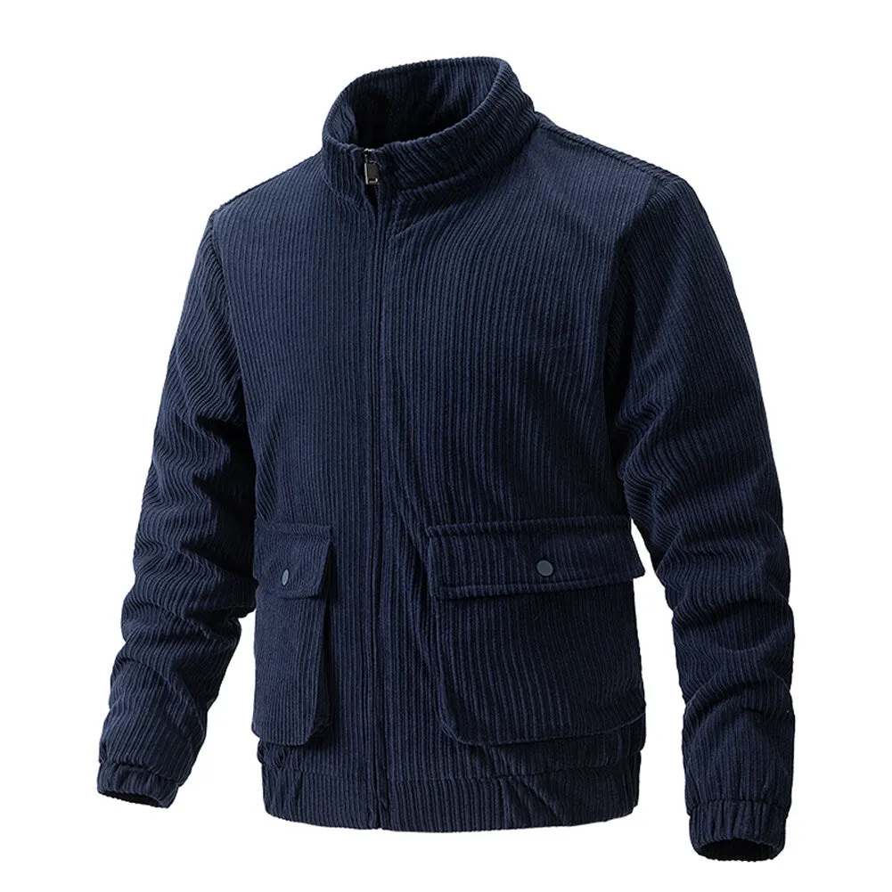 Cloudstyle Mens Jacket Stand Collar Solid Color Striped Warm Winter Coat Zipper Closure