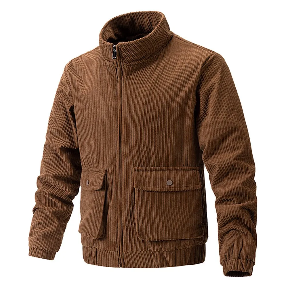 Cloudstyle Mens Jacket Stand Collar Solid Color Striped Warm Winter Coat Zipper Closure