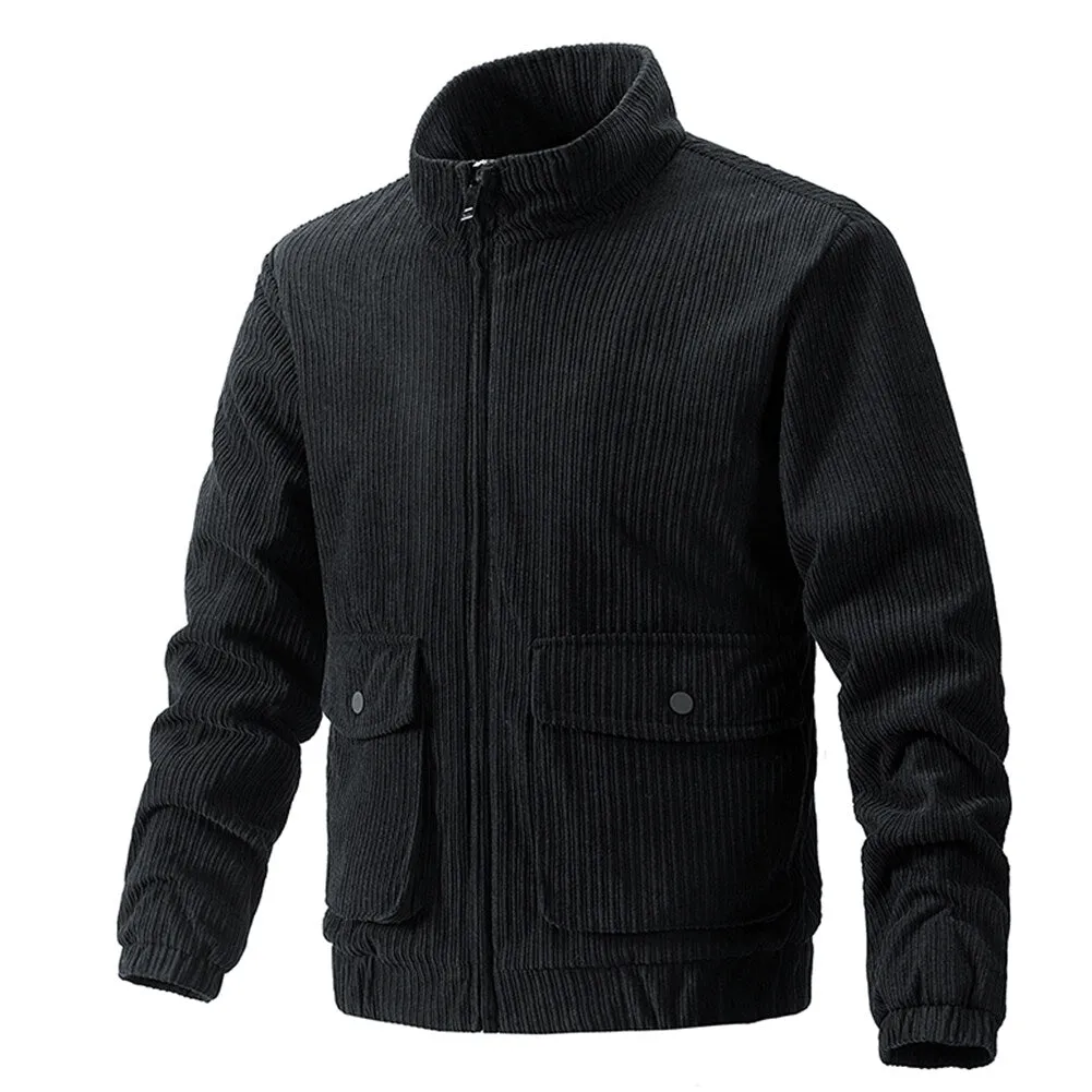 Cloudstyle Mens Jacket Stand Collar Solid Color Striped Warm Winter Coat Zipper Closure