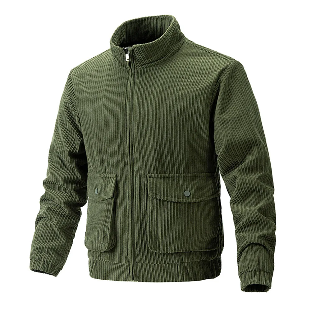 Cloudstyle Mens Jacket Stand Collar Solid Color Striped Warm Winter Coat Zipper Closure