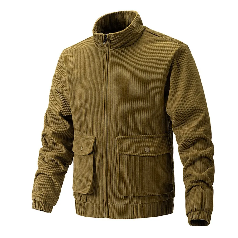 Cloudstyle Mens Jacket Stand Collar Solid Color Striped Warm Winter Coat Zipper Closure