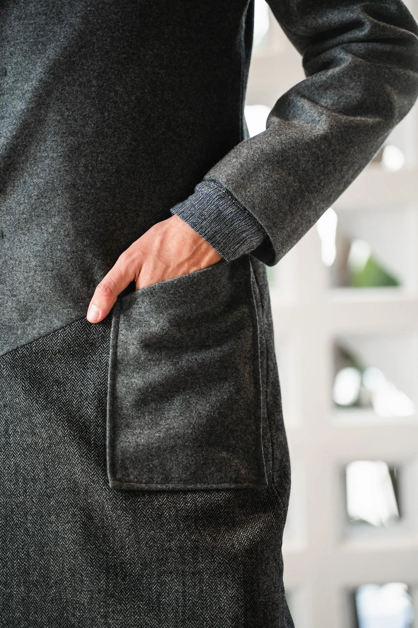 Collarless color blocked coat