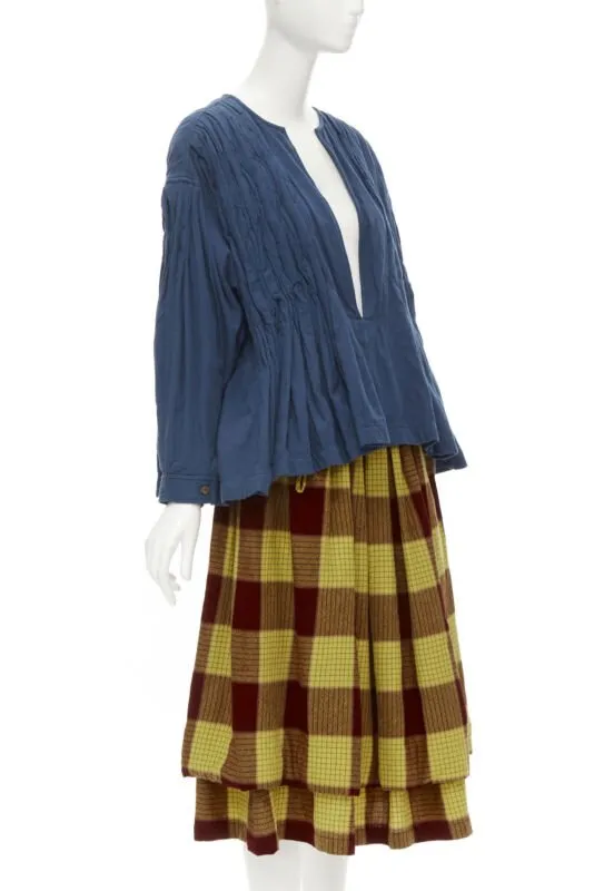 COMME DES GARCONS 1980's Vintage blue shirred stitch top layered checked skirt M