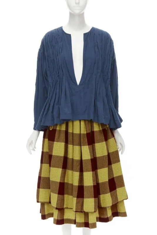 COMME DES GARCONS 1980's Vintage blue shirred stitch top layered checked skirt M