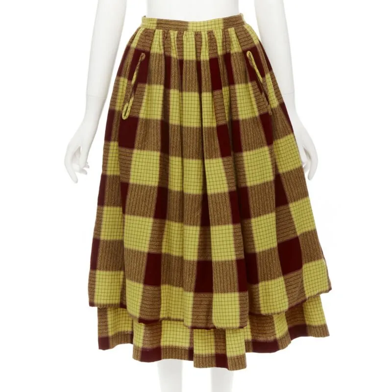 COMME DES GARCONS 1980's Vintage blue shirred stitch top layered checked skirt M