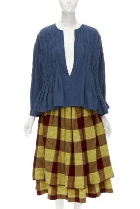 COMME DES GARCONS 1980's Vintage blue shirred stitch top layered checked skirt M