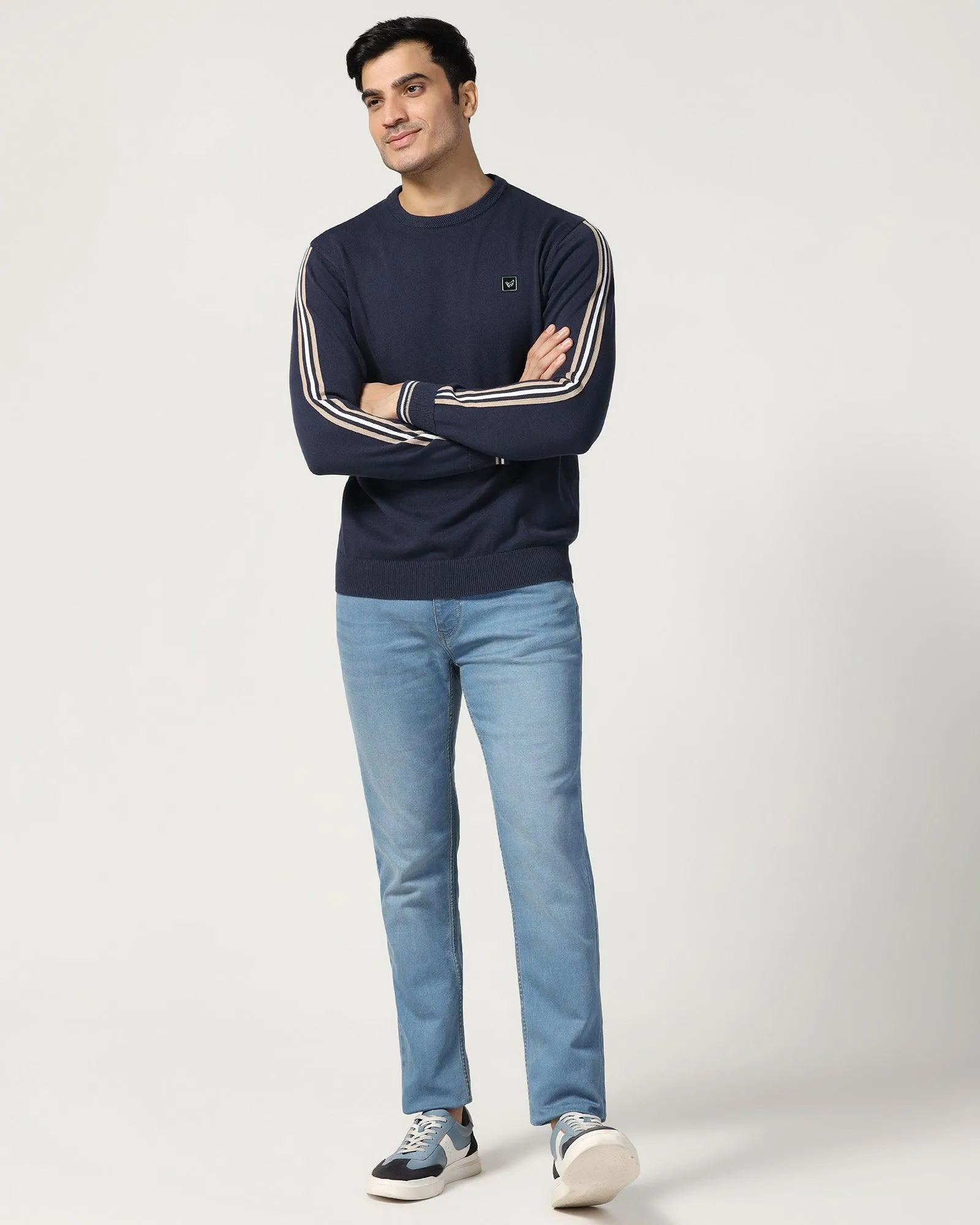 Crew Neck Navy Solid Sweater - Forge