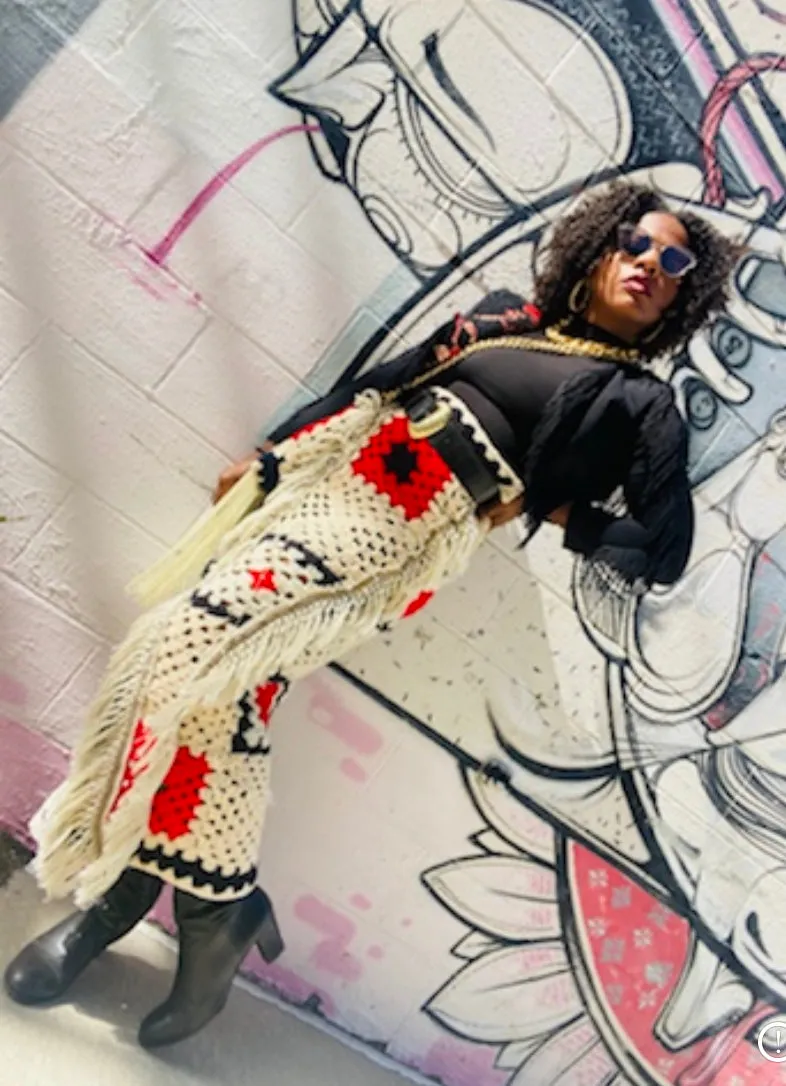 Crochet fringe skirt with matching handbag