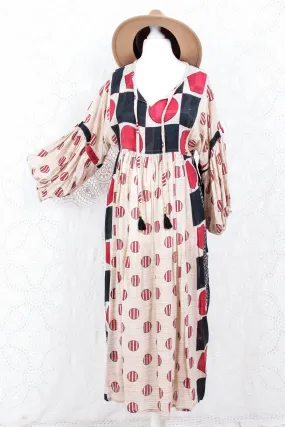 Daisy Midi Smock Dress - Vintage Indian Cotton - Sheer Oatmeal Graphic - XS