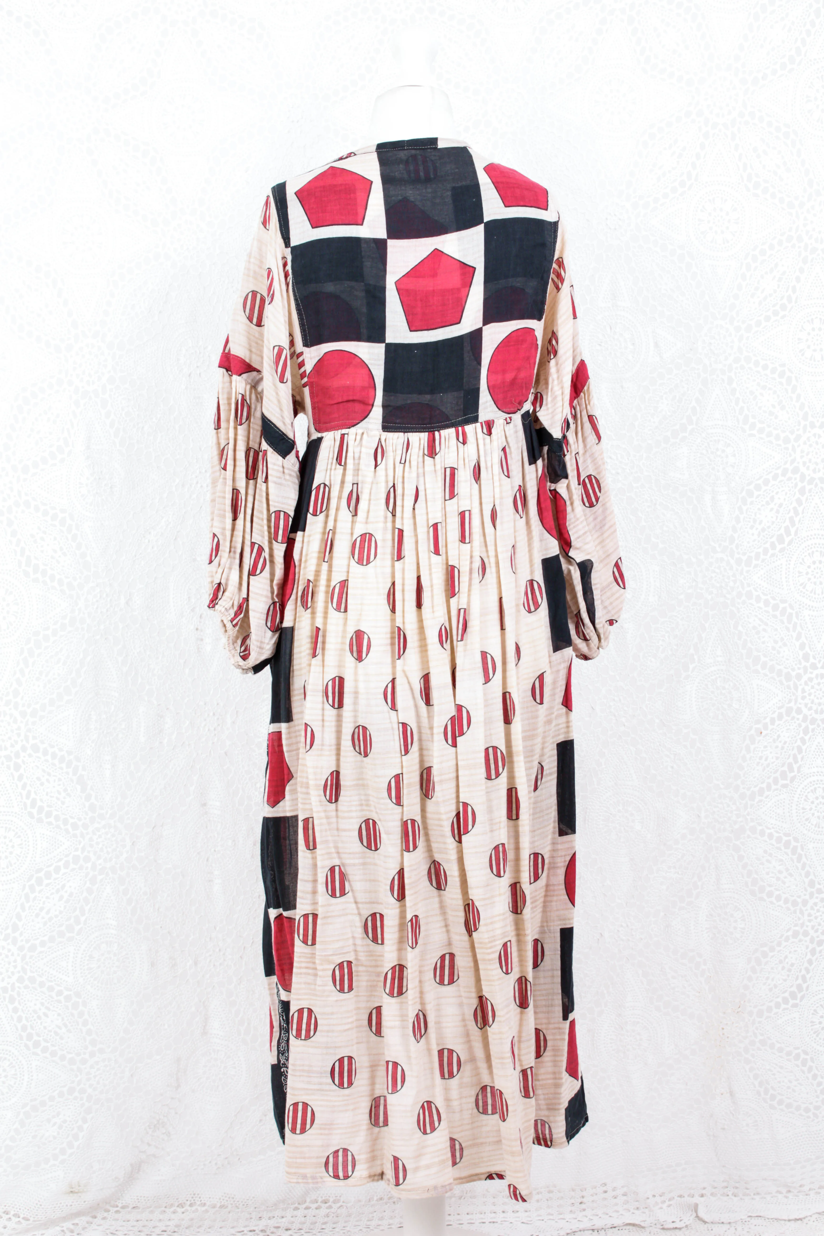 Daisy Midi Smock Dress - Vintage Indian Cotton - Sheer Oatmeal Graphic - XS