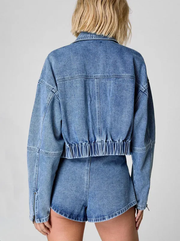 Denim Two-Piece Set with Cropped Jacket & Wide-Leg Shorts