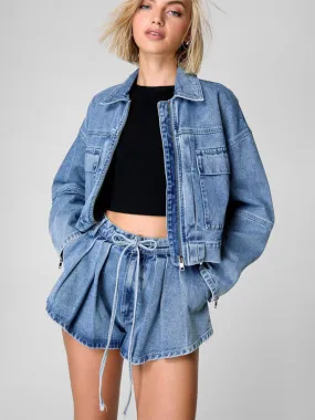 Denim Two-Piece Set with Cropped Jacket & Wide-Leg Shorts
