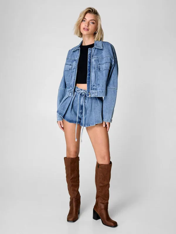 Denim Two-Piece Set with Cropped Jacket & Wide-Leg Shorts
