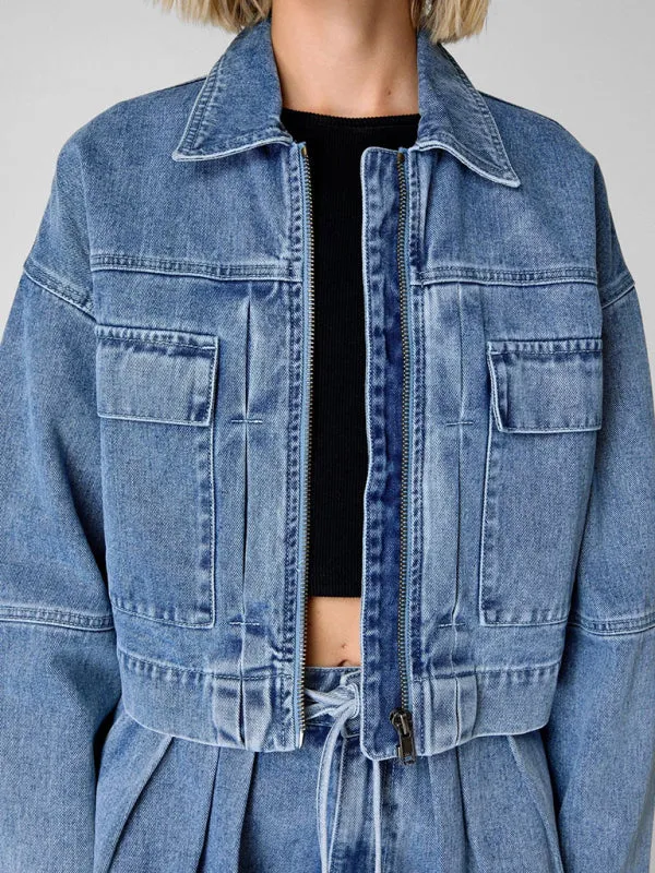 Denim Two-Piece Set with Cropped Jacket & Wide-Leg Shorts