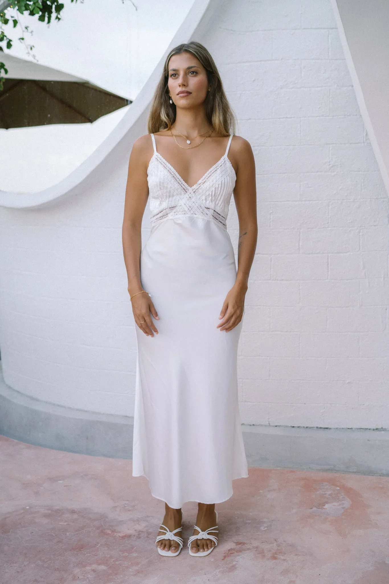 Eliza White Lace Satin Midi Dress