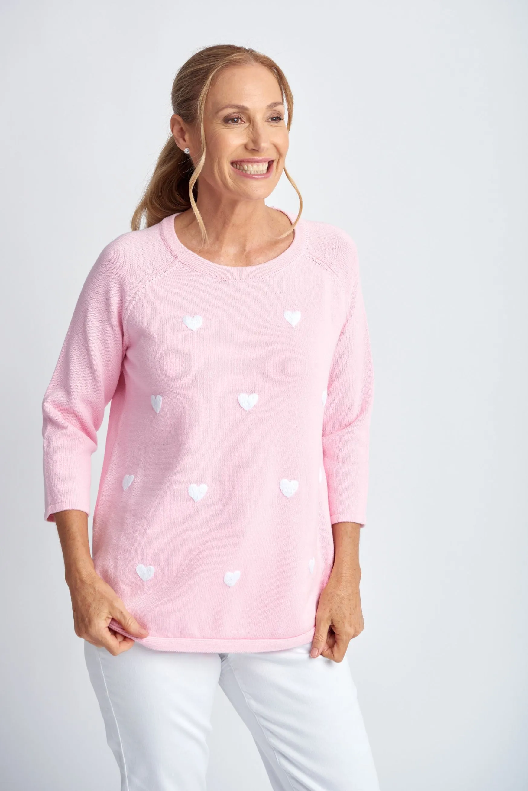 Embroidered Hearts Cotton Jumper Pale Pink/White