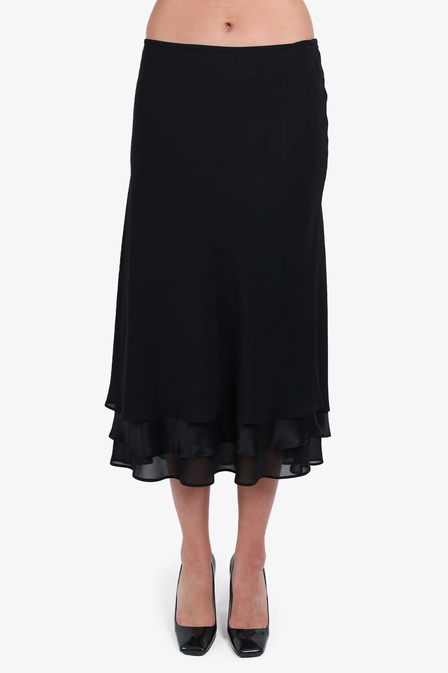 Escada Black Silk Layered Ruffle Midi Skirt Size 44