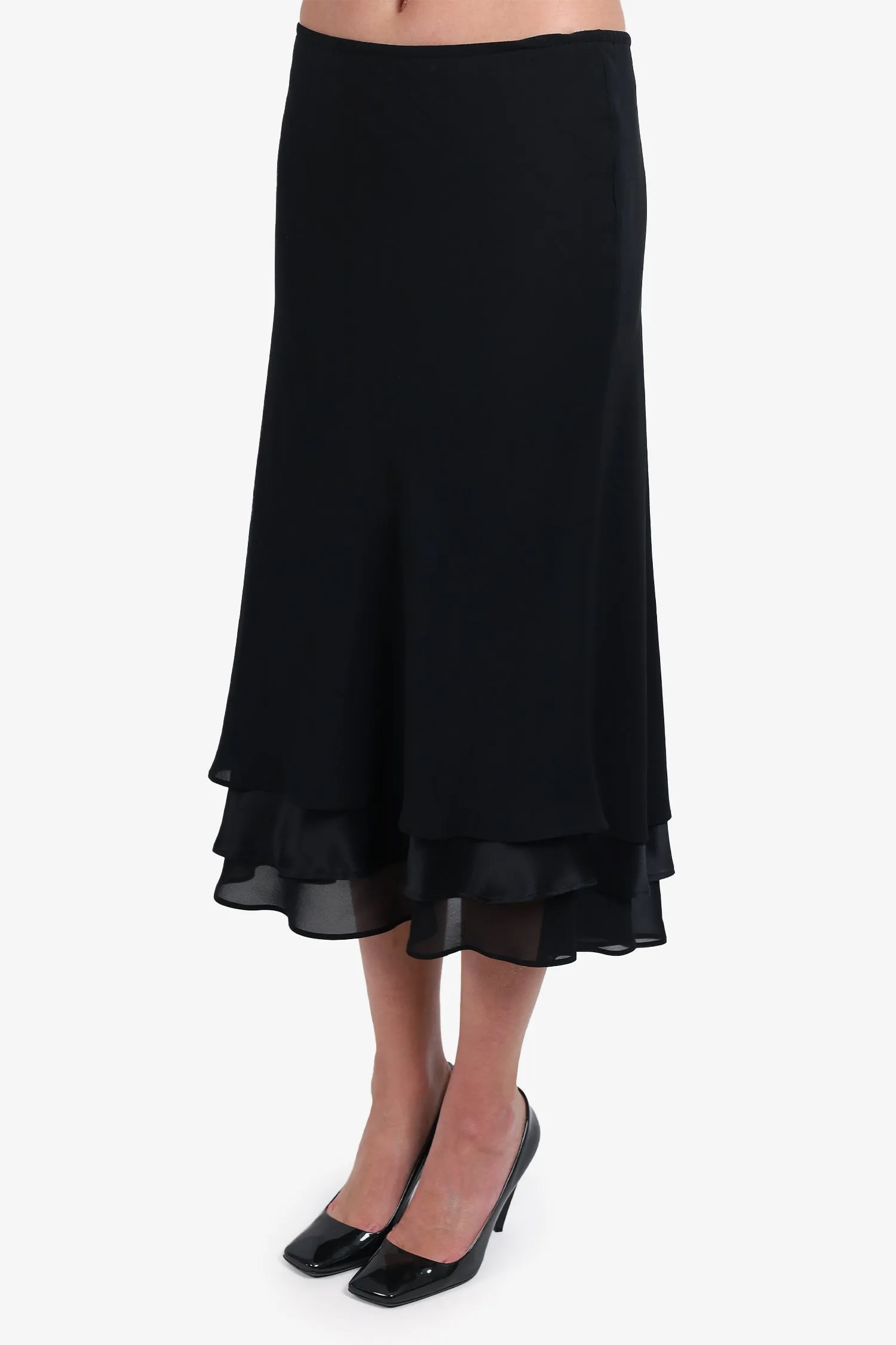 Escada Black Silk Layered Ruffle Midi Skirt Size 44