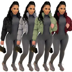 Fall Zip Up Turtleneck Cropped Puffer Jacket Solid Color Wholesale Winter Clothes Women Bubble Coat Outwear