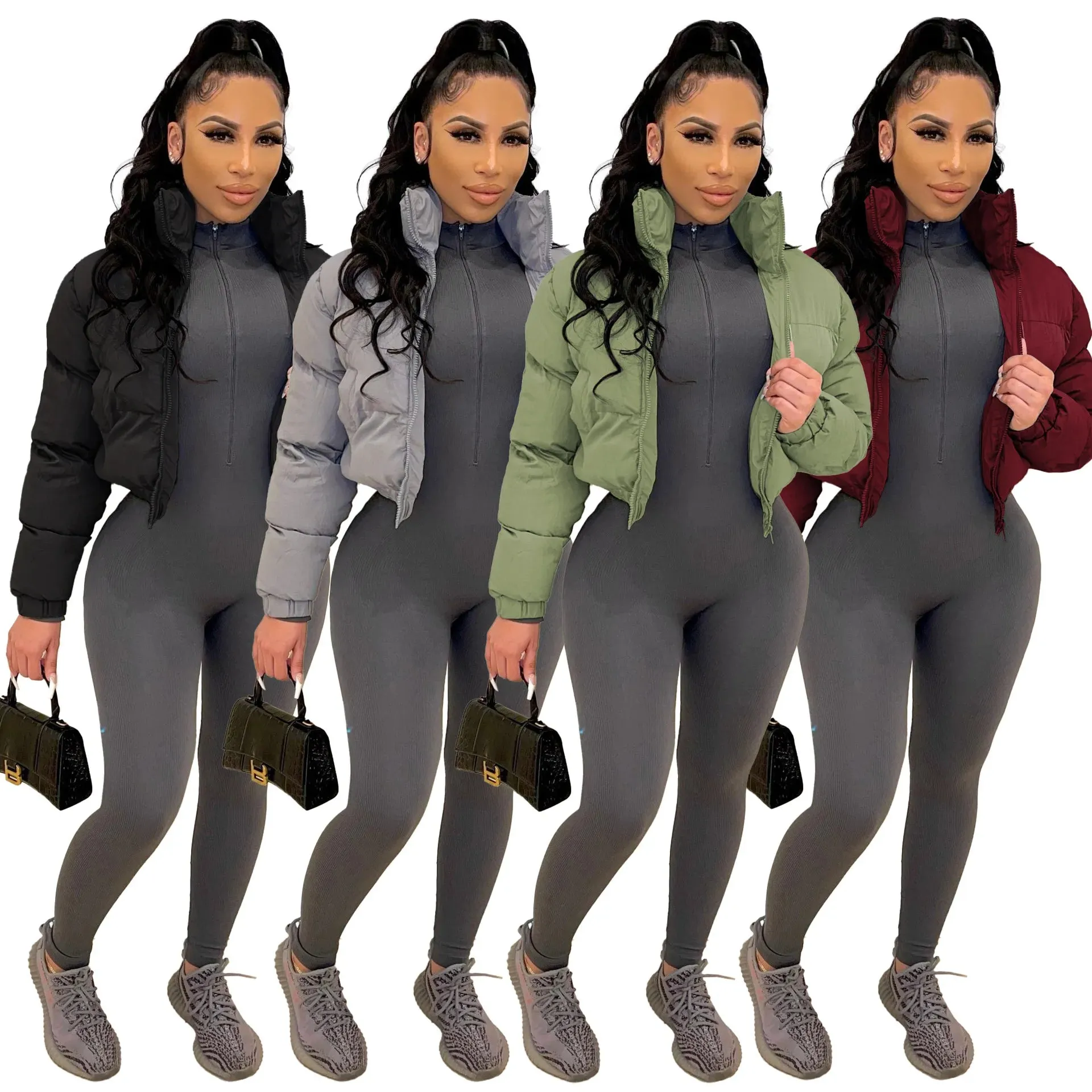 Fall Zip Up Turtleneck Cropped Puffer Jacket Solid Color Wholesale Winter Clothes Women Bubble Coat Outwear