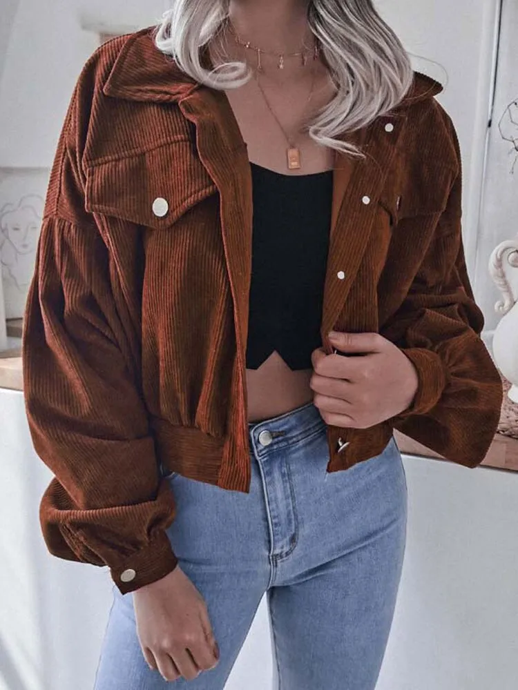 Fashionkova  Autumn Corduroy Jacket Women Coat Cropped Jackets For Women Short Jackets Female Lantern Sleeve Overshirt 2022