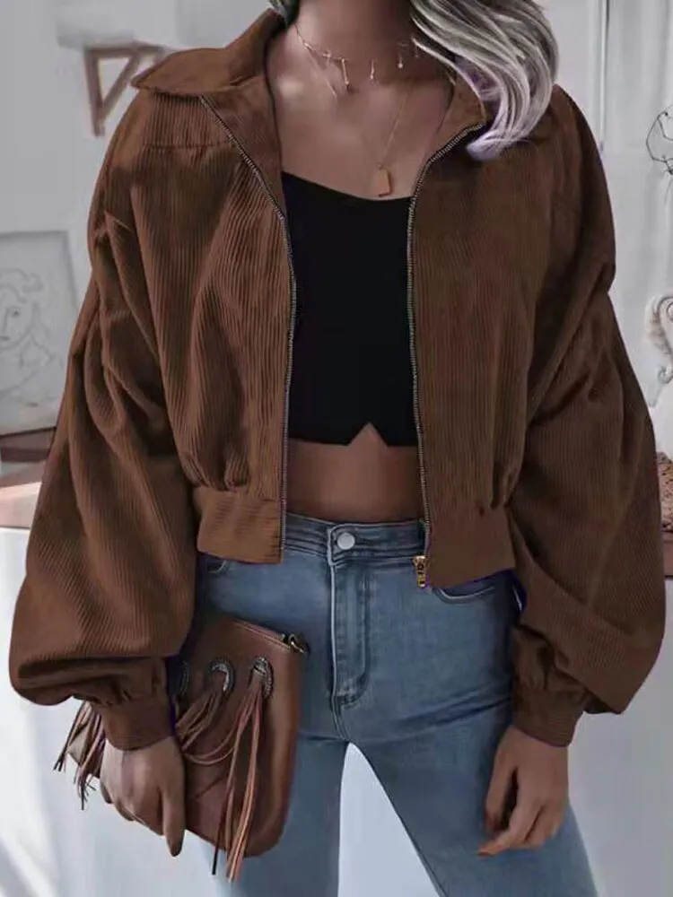Fashionkova  Autumn Corduroy Jacket Women Coat Cropped Jackets For Women Short Jackets Female Lantern Sleeve Overshirt 2022