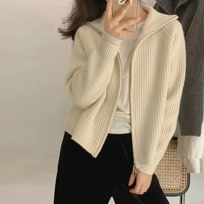 Fashionkova  Autumn Winter New Cashmere Cardigan Women 100%Pure Cashmere Zipper Lapel Sweater Knitted Loose Wool Coat