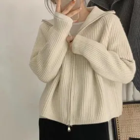 Fashionkova  Autumn Winter New Cashmere Cardigan Women 100%Pure Cashmere Zipper Lapel Sweater Knitted Loose Wool Coat